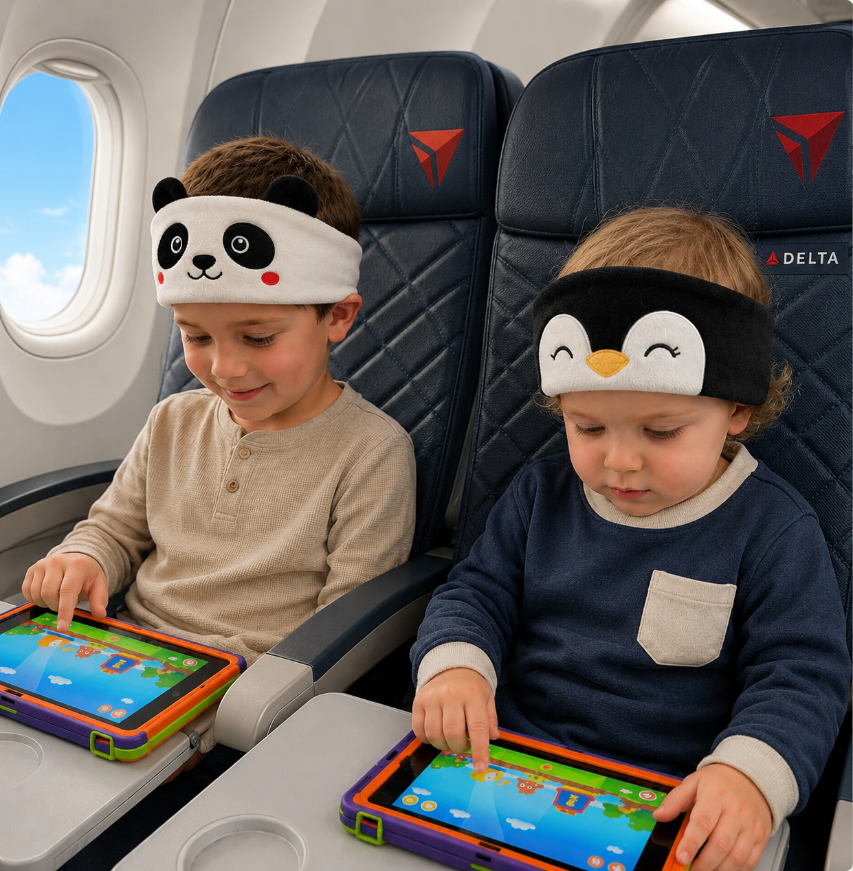 Two kids on an airplane wearing LullaBand animal headbands, smiling at their tablets