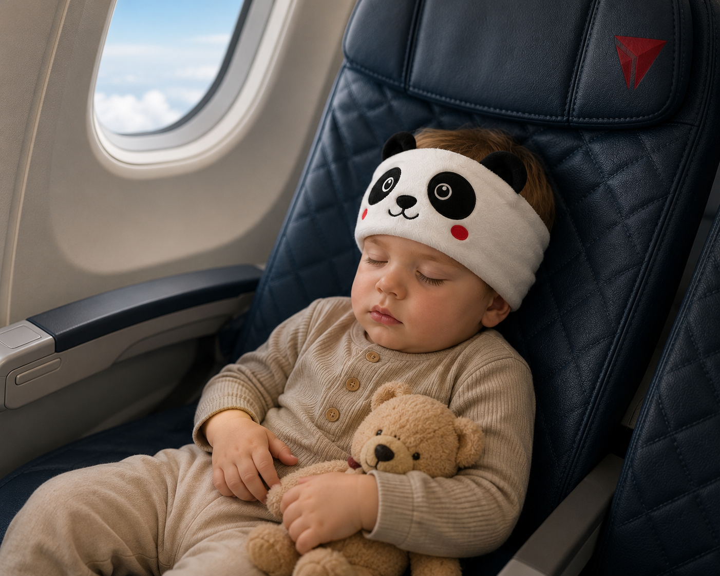 Baby sleeping peacefully on a plane wearing a LullaBand panda headband